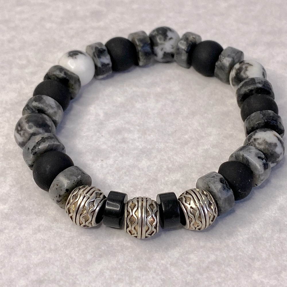 Zebra jasper labradorite silver stretch bracelet Unisex